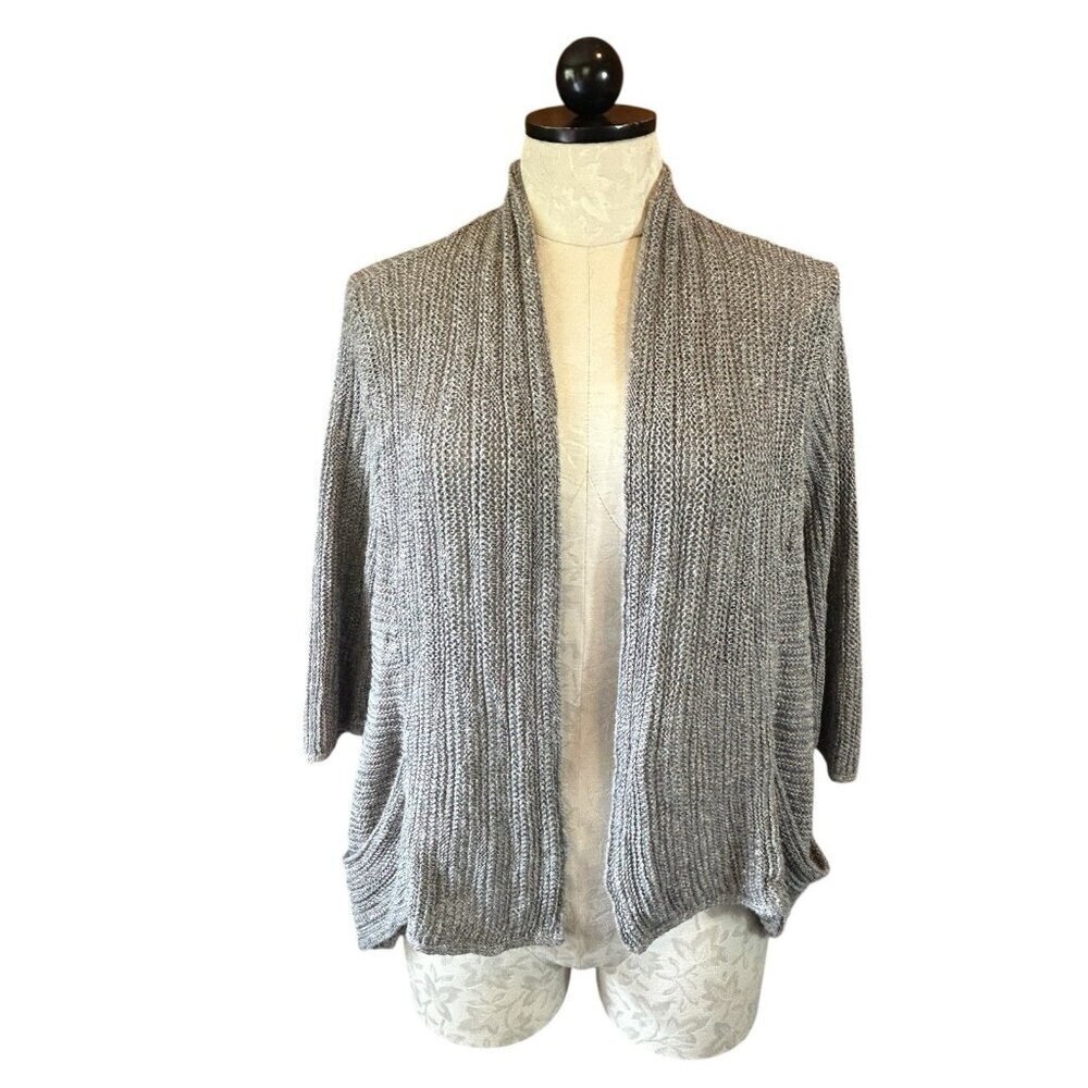 Eileen Fisher Womens Gray‎ Open Cardigan Knit Size M Linen Silk Short Sleeve